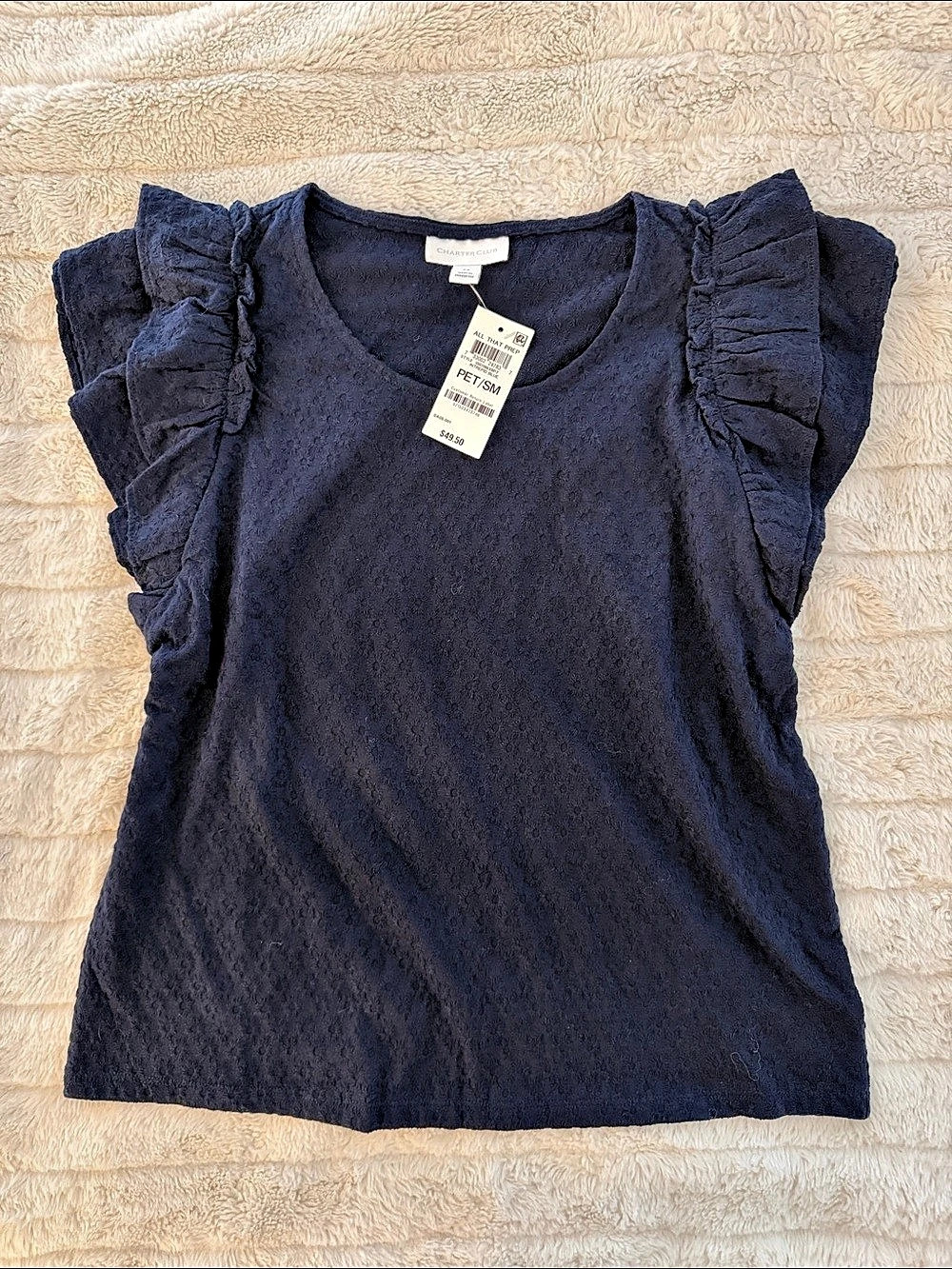 Charter Club Brand Petite Small PS Blue Ruffle Sleeve Top NWT